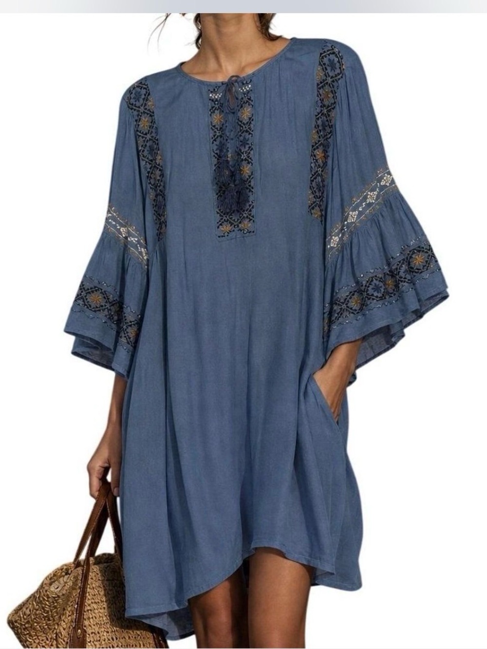 Lucky Brand Dusty Blue Embroidered Mini Dress
